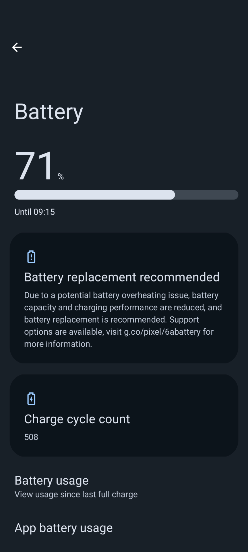 Screenshot of the battery status